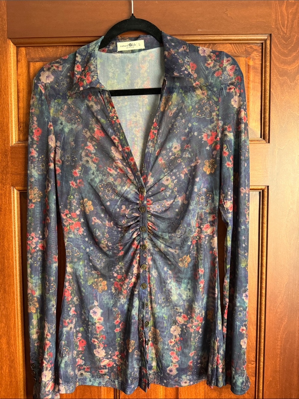 NATURAL LIFE Navy Multi Floral Ruched Sheer Long Sleeve Top - Picture 2 of 4